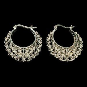 Vintage Silver-Tone Hoop Earrings With Intricate Filigree Design For Women